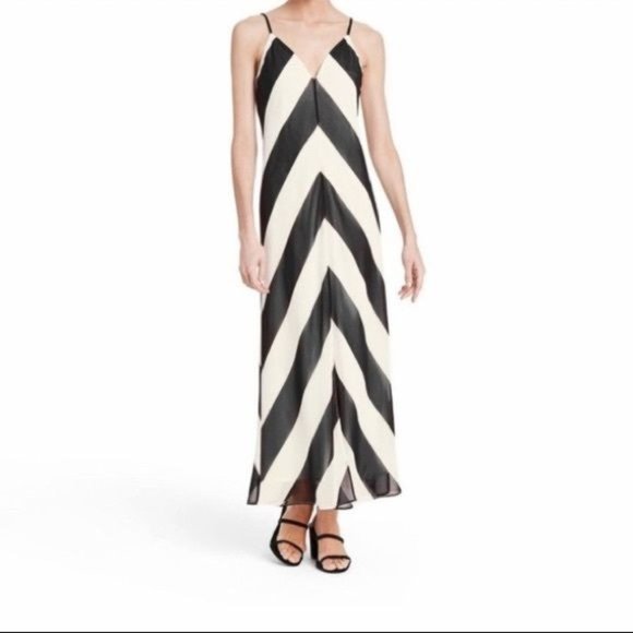 Christopher John Rogers Stripe Slip Dress Size 2 Black White Chevron Maxi Slit - Picture 4 of 12